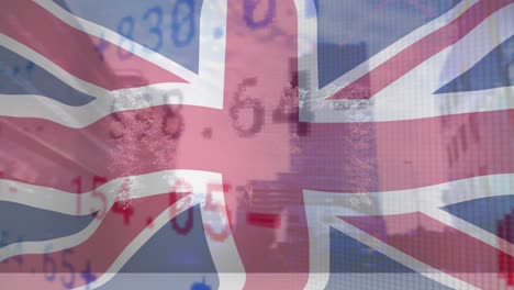 animation of flag of uk over stock market and cityscape