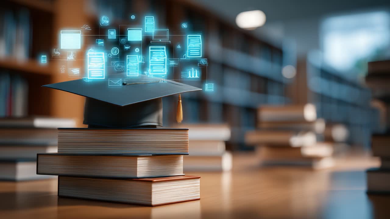 A Scholar's Dream: The Transformation of Knowledge through Digital Innovation and Learning in a Modern Library with Books and Graduation Cap Imagery