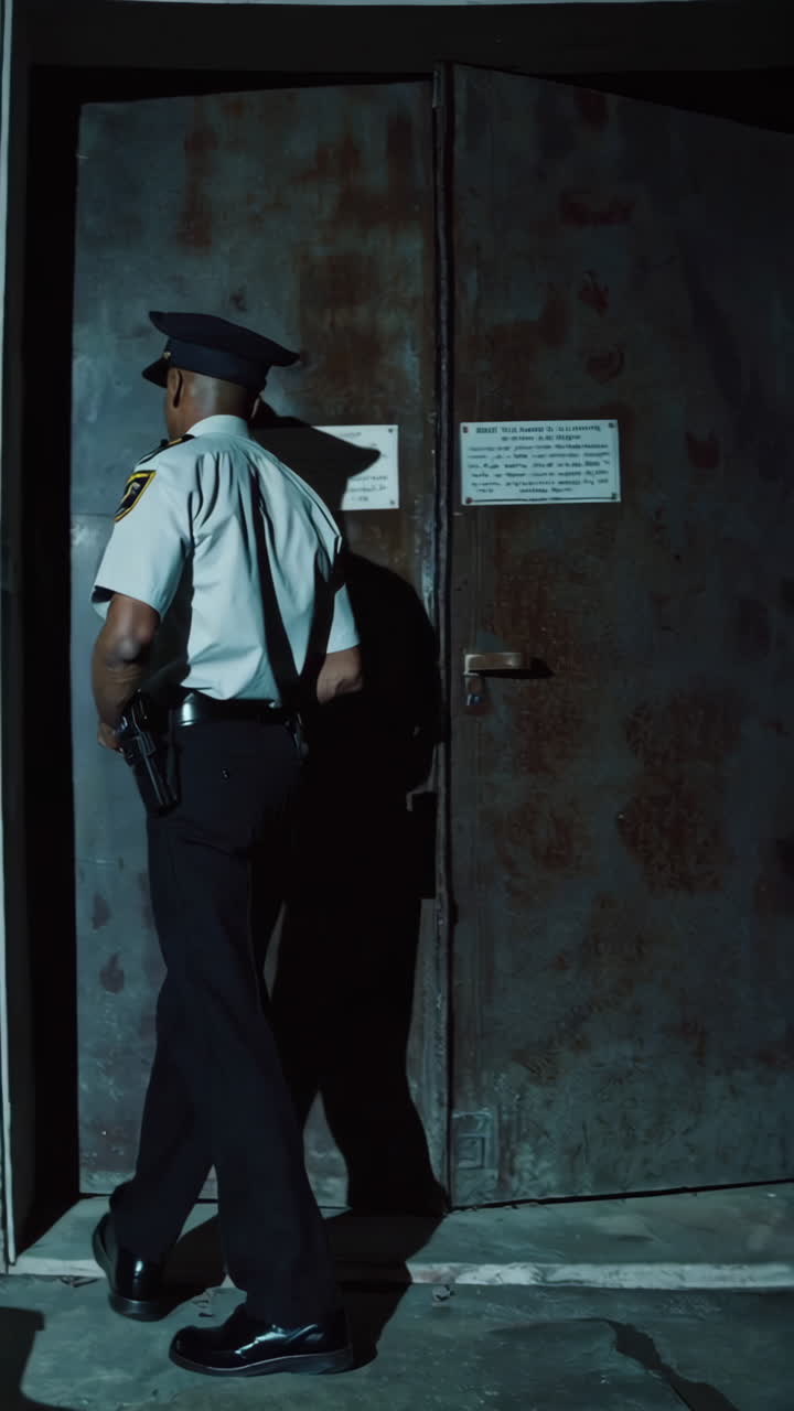 Security Guard on Patrol in Abandoned Building at Night