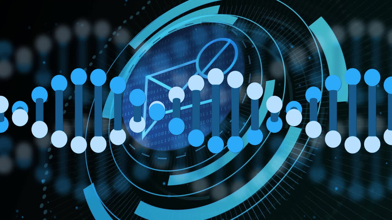 DNA strand interacting with digital interface, showcasing scientific technology concept