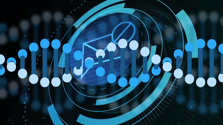 DNA strand interacting with digital interface, showcasing scientific technology concept