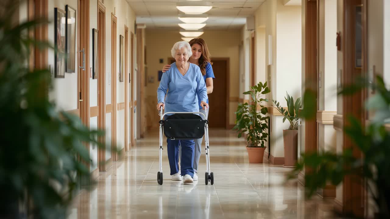 Starter eldreturen med rollator i omsorgskorridoren, pleieren i blå uniform støtter henne trygt