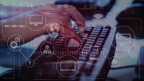 animación de la red de conexiones con iconos y procesamiento de datos sobre las manos escribiendo en el teclado