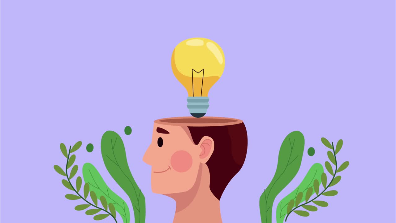 animación de salud mental con perfil humano y bombilla