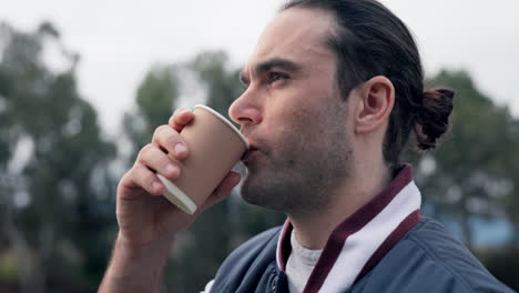 coffee cup, nature and face of man smell drinks