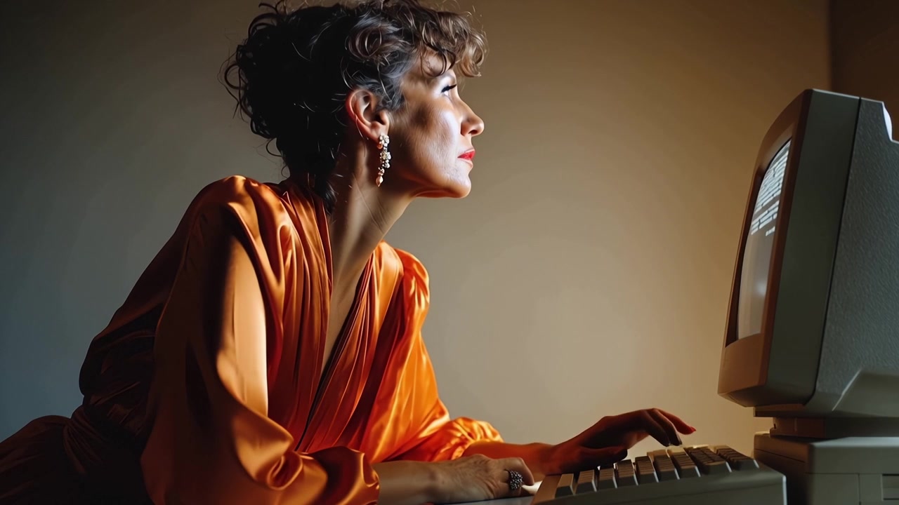 Elegant kvinde skriver på en retrocomputer i svagt lys.