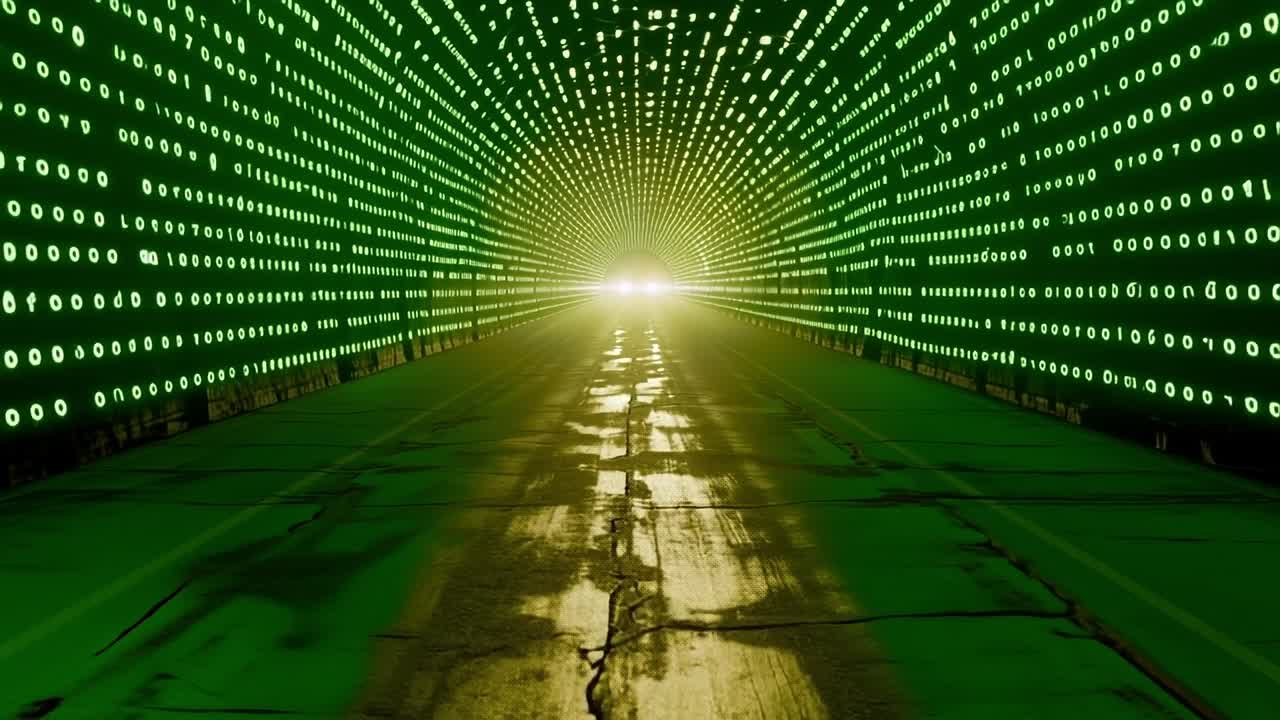 Light from a green tunnel. A glowing light appears at the end of a tunnel filled with green binary codes, creating a digital atmosphere.