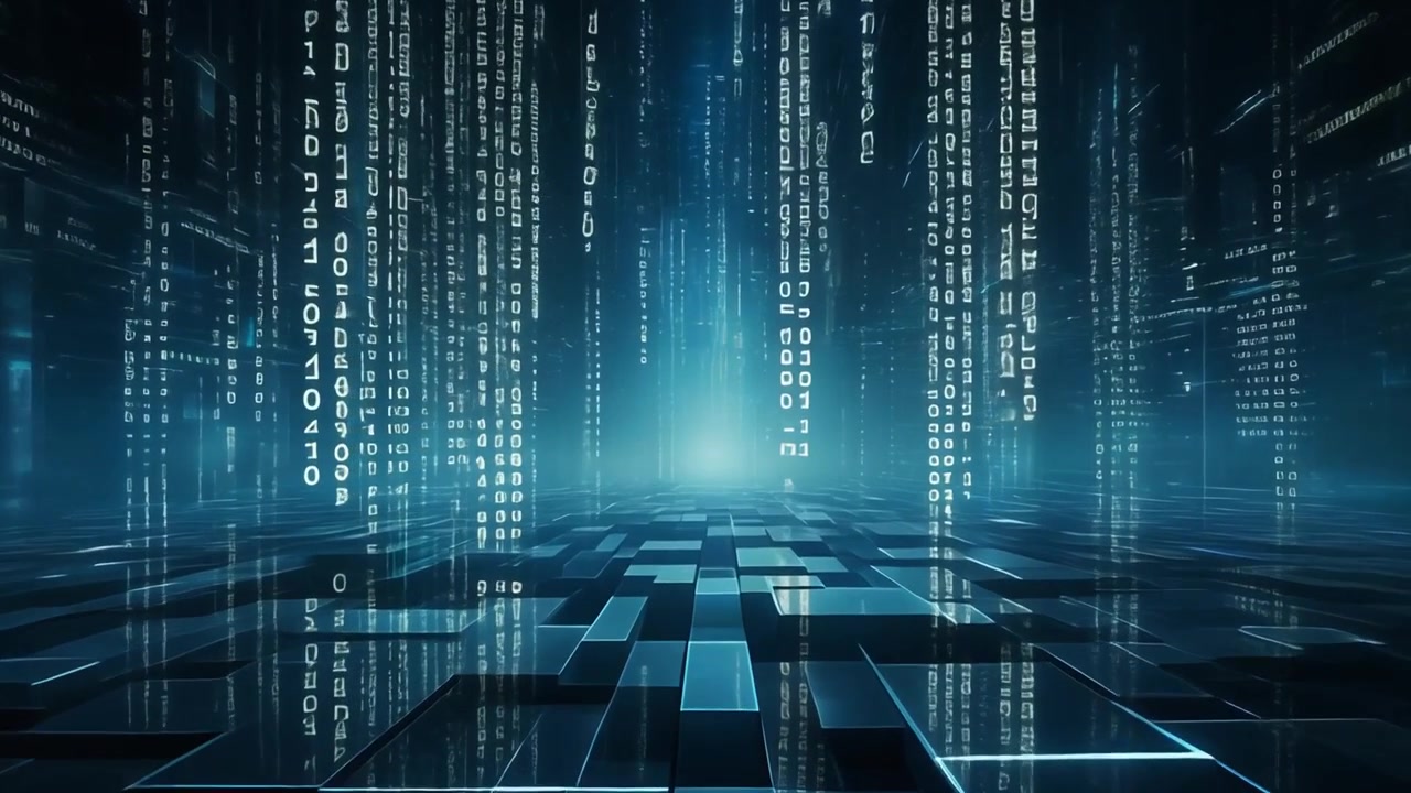 Digital Data Streams Flowing Through a Futuristic Virtual Environment