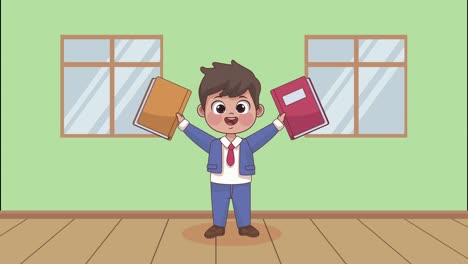 student boy with notebooks animation