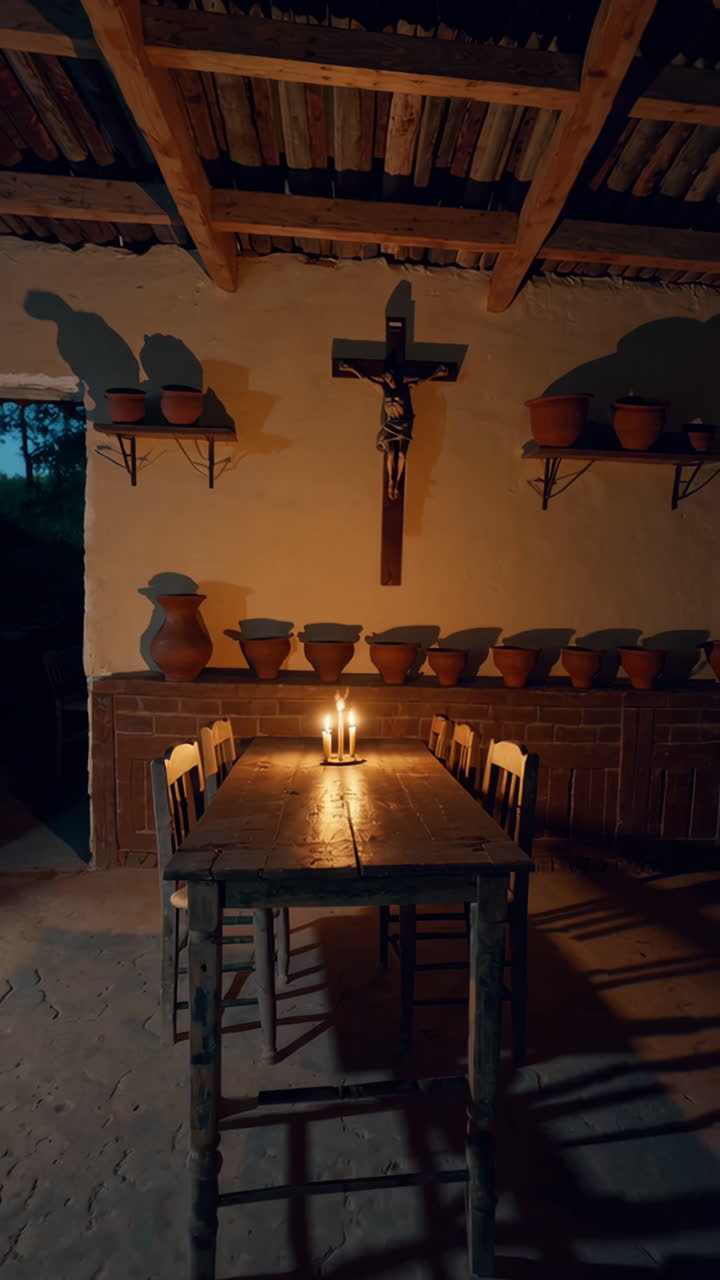 Rustic Dining Room with Religious Decor at Night
