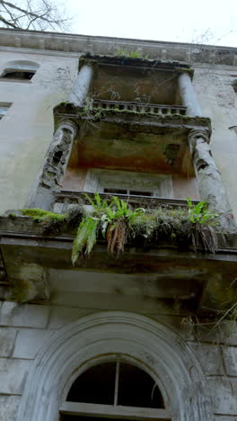 edificio abandonado con balcón en descomposición y plantas cubiertas de vegetación