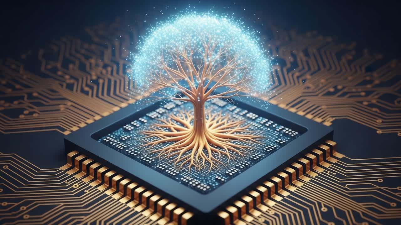 A Fusion of Nature and Technology: An Artistic Representation of a Tree Emerging from a Circuit Board, Symbolizing the Interconnection of Life and Innovation