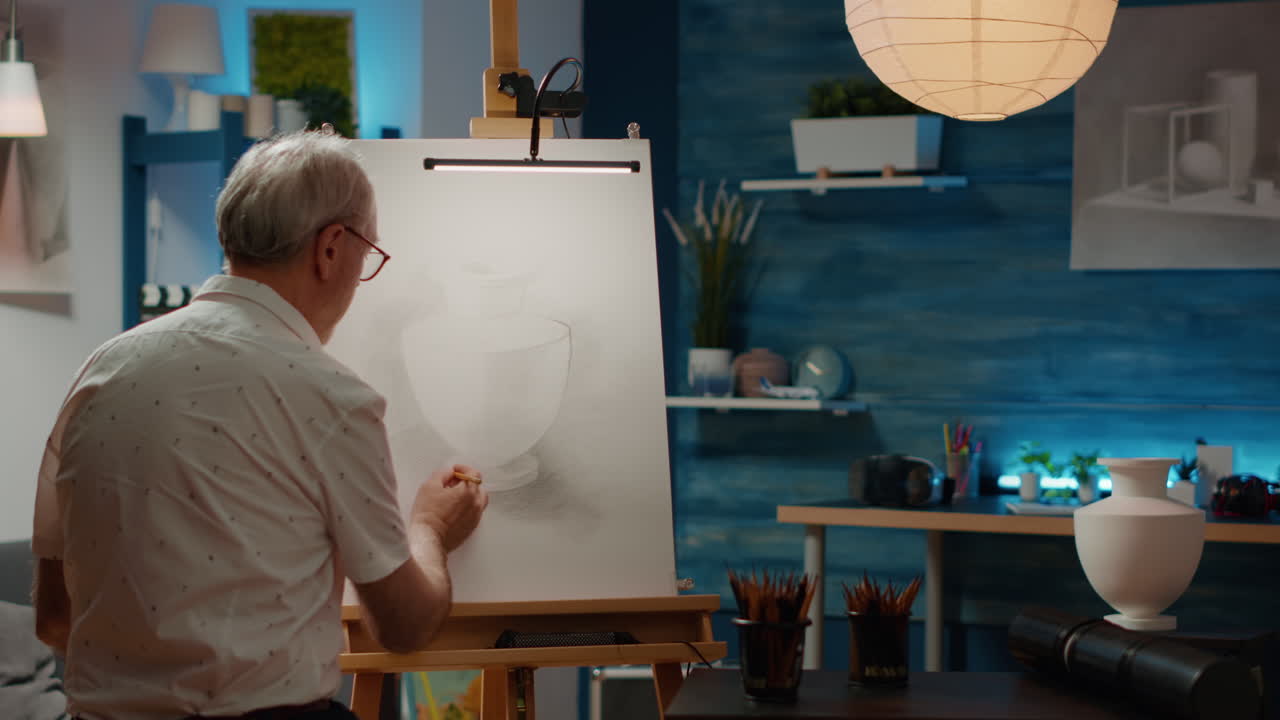 Senior man looking at vase design inspiration to draw sketch