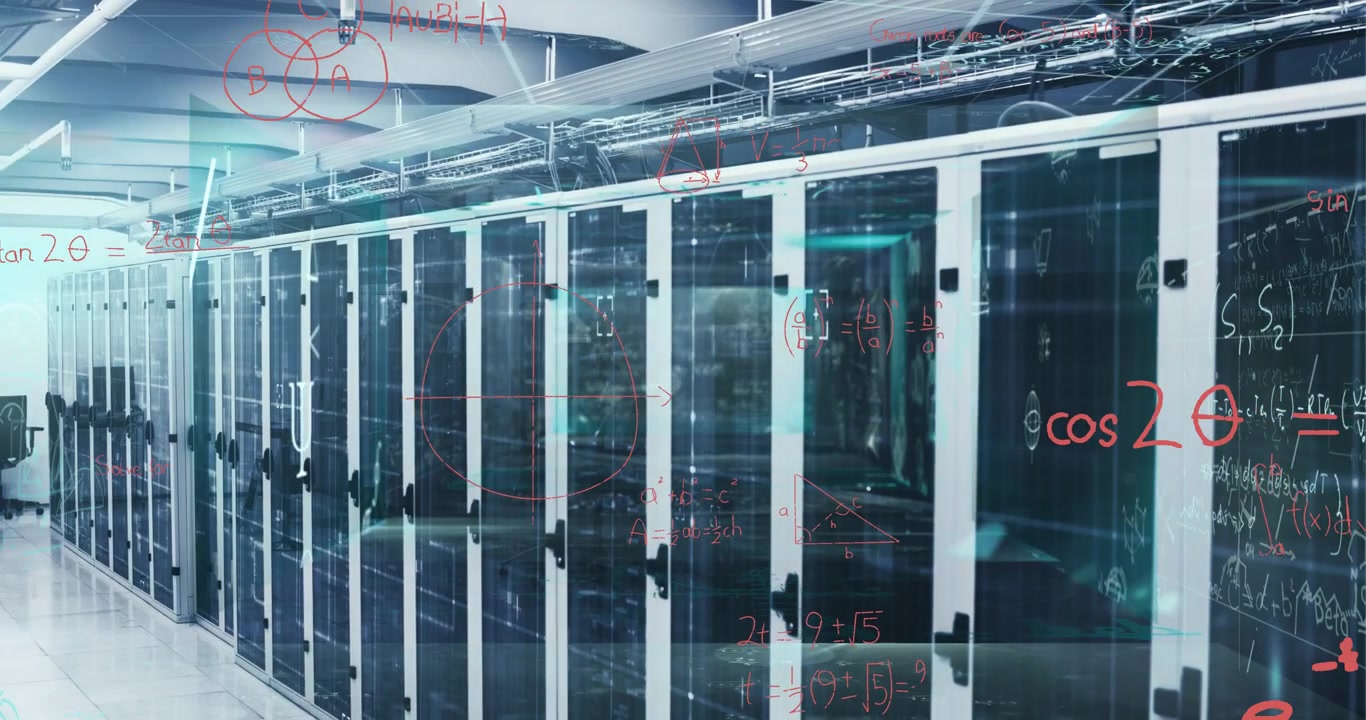 Animation of processing data and maths calculations over computer server room