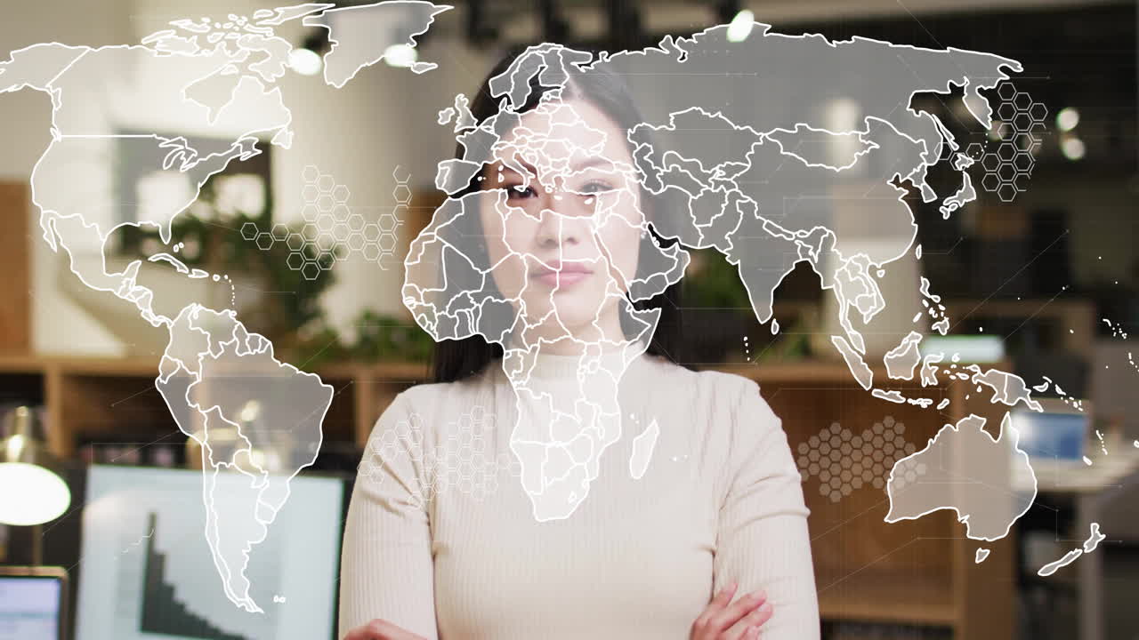 In office, woman working with world map animation, symbolizing global business