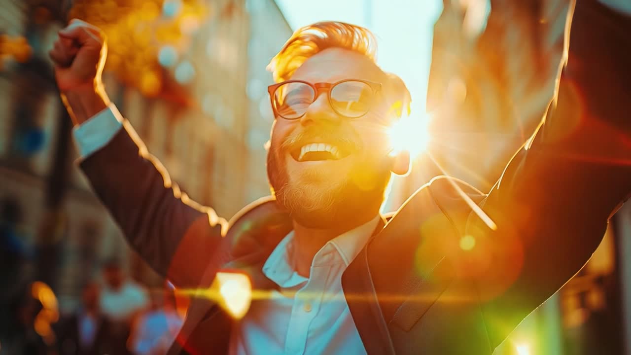 A happy man in the sunlight celebrating
