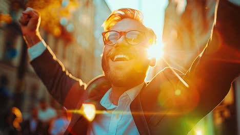 a happy man in the sunlight celebrating