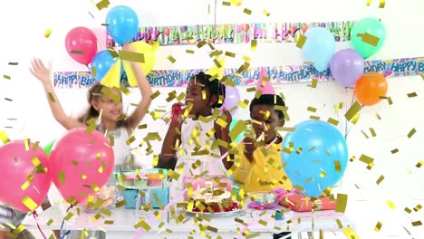 Animation-of-gold-confetti-over-diverse-happy-children-having-fun-at-party-with-balloons