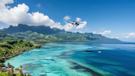 white passenger airplane is landing on beautiful tropical island with turquoise crystal clear ocean, green mountains, palm trees and white clouds on bright sunny day