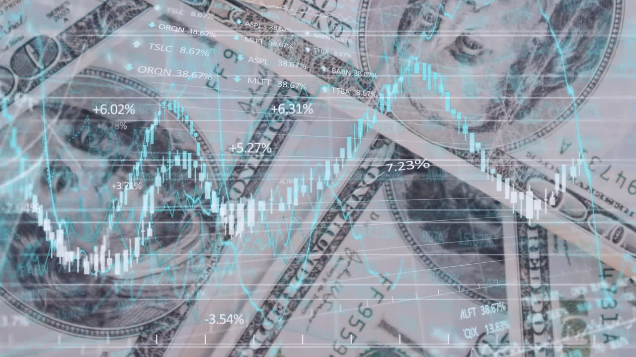 animación del procesamiento de datos financieros con estadísticas sobre billetes en dólares estadounidenses