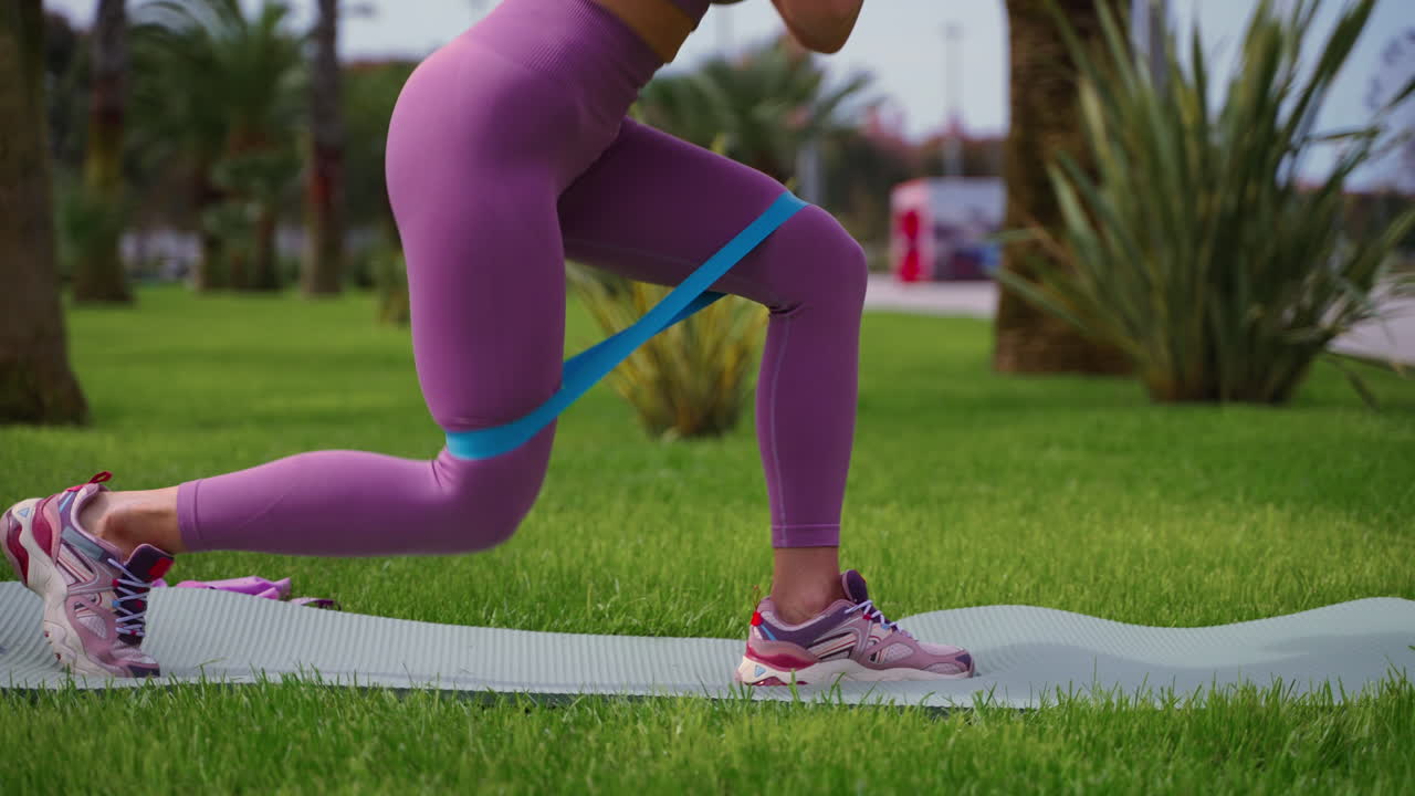 mujer haciendo ejercicios para las piernas al aire libre con bandas de resistencia