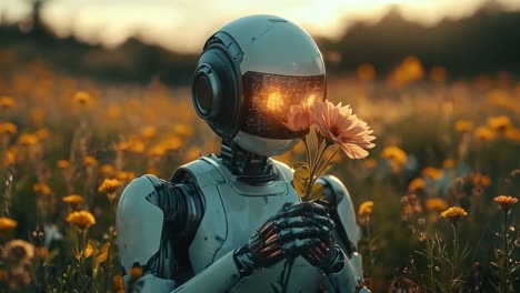 robot holding a flower in a field