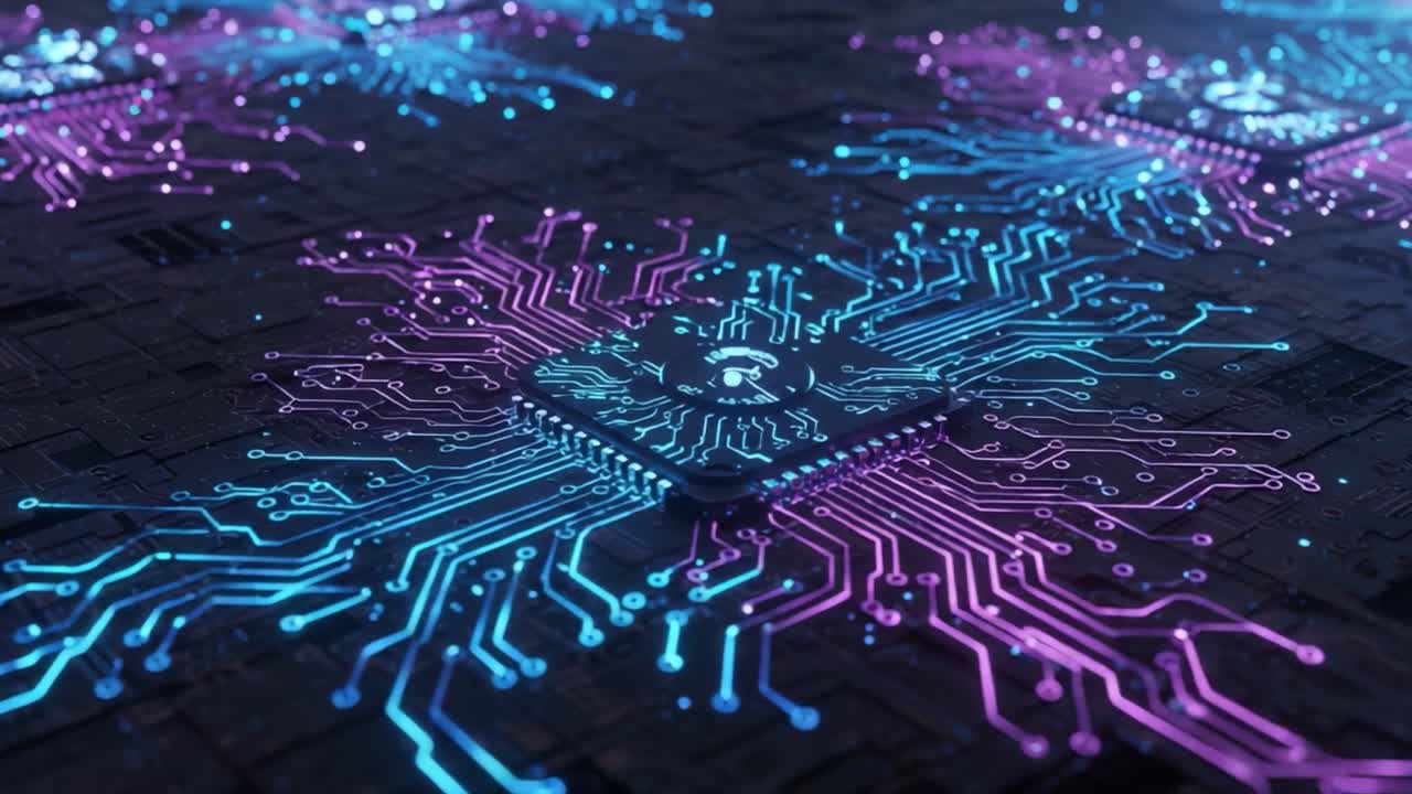 Vibrant Neon Circuitry: A Stunning Visual Display of Microchip Technology Intertwined with Colorful Electrical Paths Representing Innovation and Connectivity