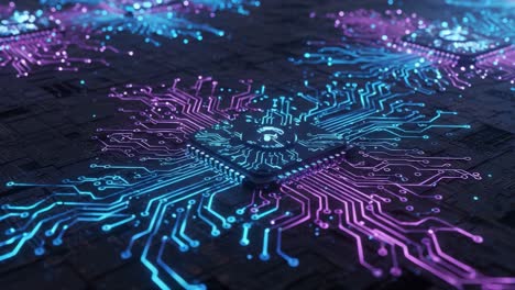 vibrant neon circuitry: a stunning visual display of microchip technology intertwined with colorful electrical paths representing innovation and connectivity