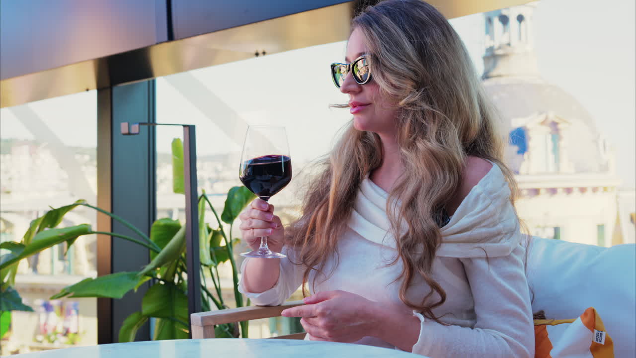 Close up of a woman drinking a glass of red wine at a terrace
