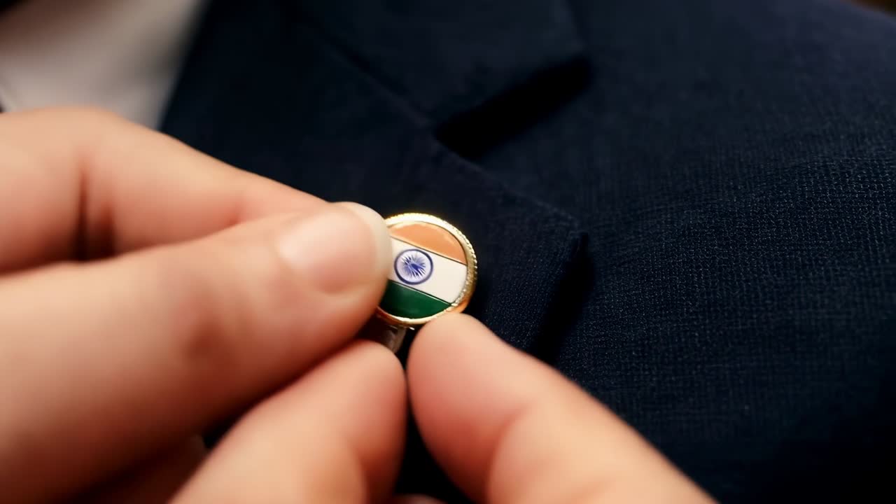 Memegang pin, tangan mengamankan pin lencana bendera India di jaket setelan berwarna navy di ruang konferensi, formal