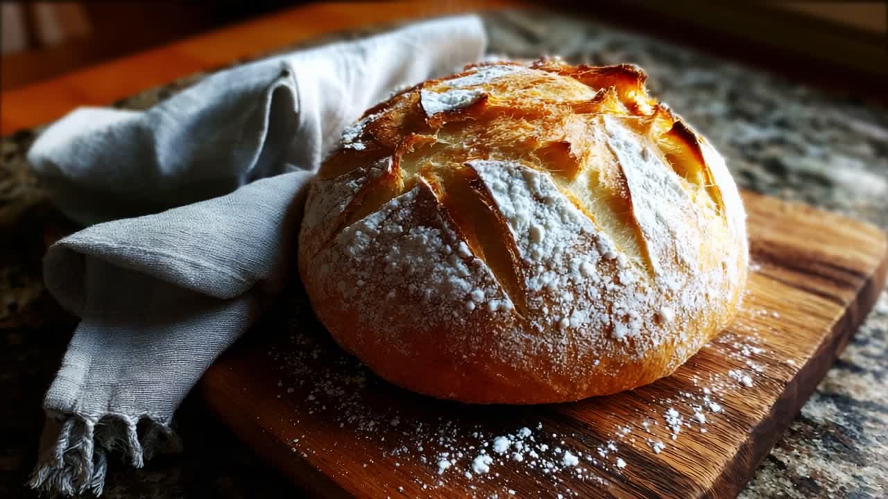 Freshly Baked Artisan Bread on Wooden Cutting Board with Elegant Linen Napkin, Showcasing Perfectly Crusty Exterior and Light Dusting of Flour, Ready to Serve for Any Meal