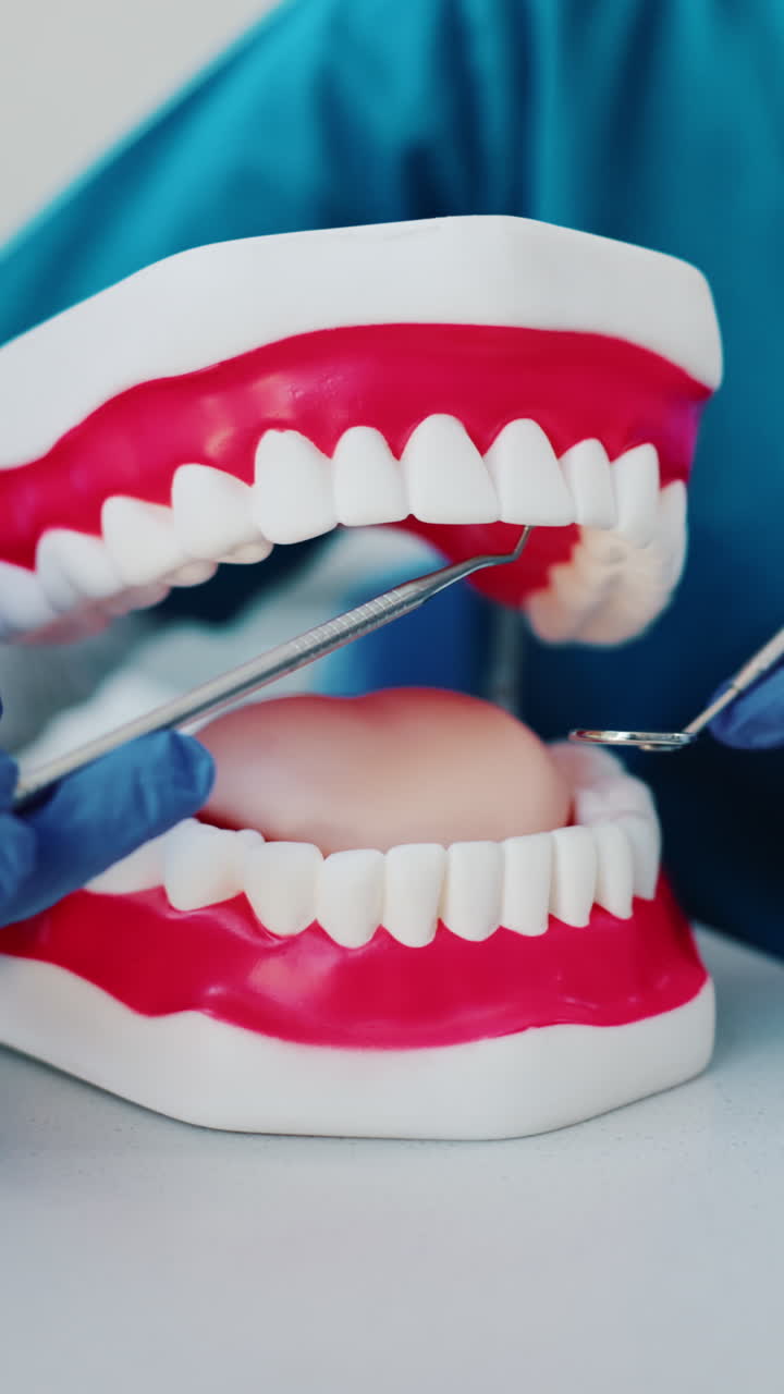Dental Professional Using Tools on a Teeth and Gums Model