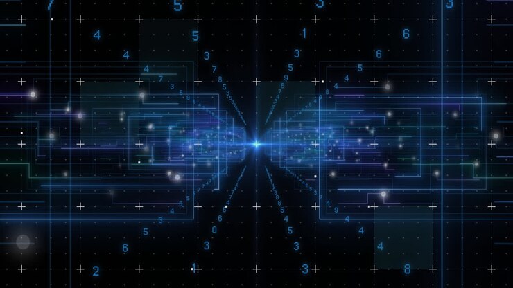 Animation of light trails and data processing on black background