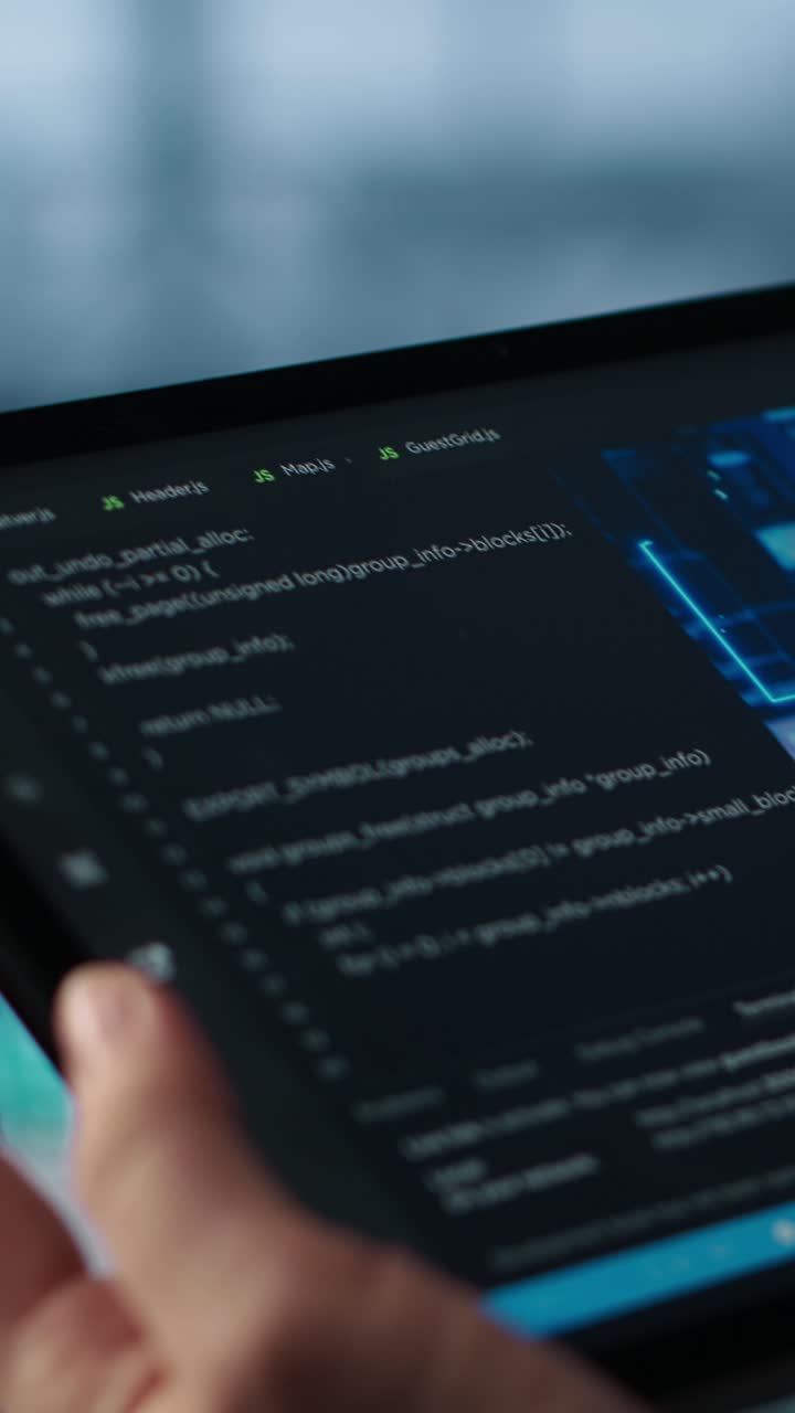 Vertical video Server hub worker optimizing resource utilization using AI on device, close up