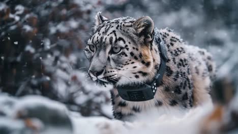 snow leopard in winter with tracking device