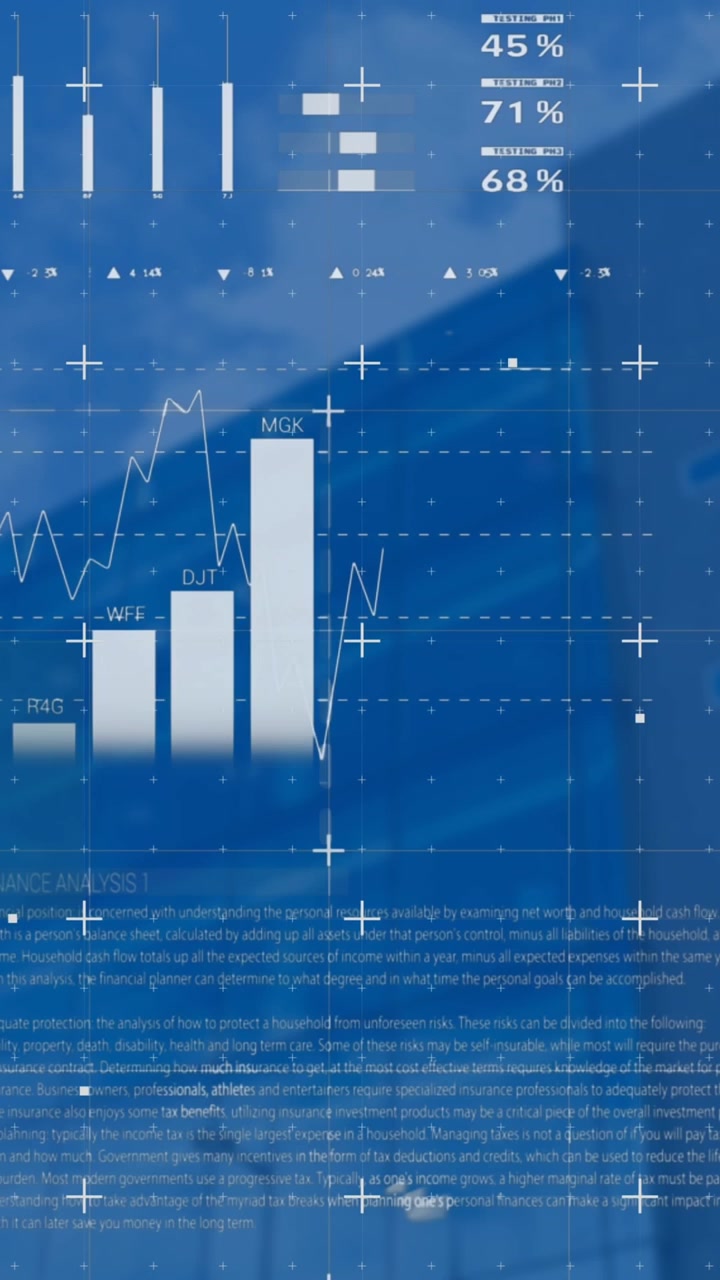 Animazione di elaborazione dati statistici su vista dal basso di grattacielo