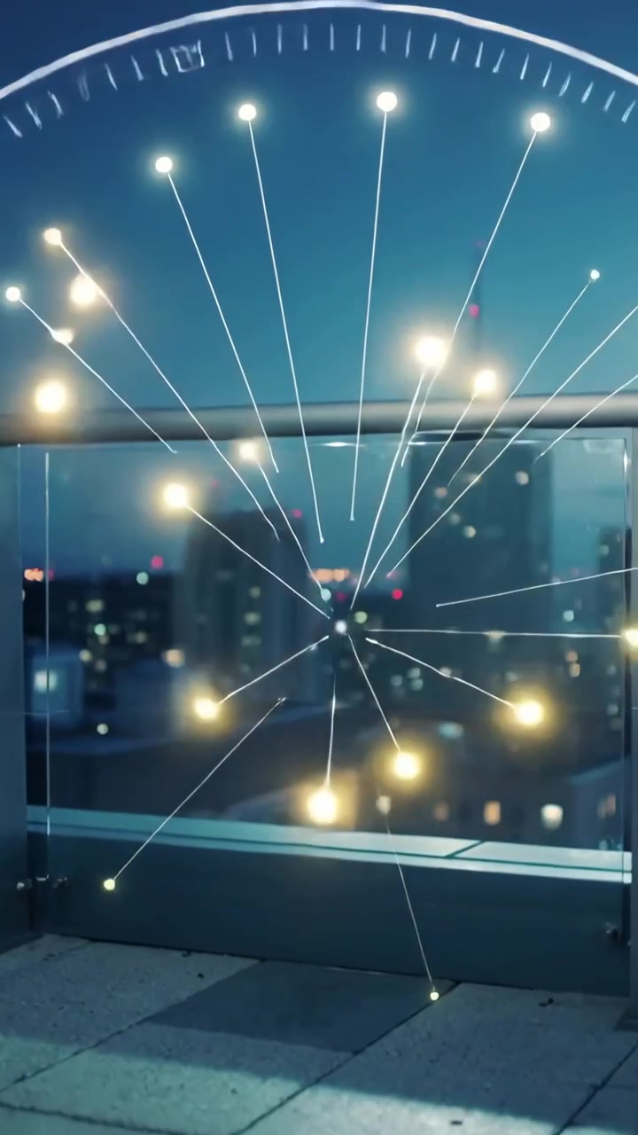 Vertical video: Appearing holo HUD scanning rooftop, sending nodes across tile, glass rail, antenna