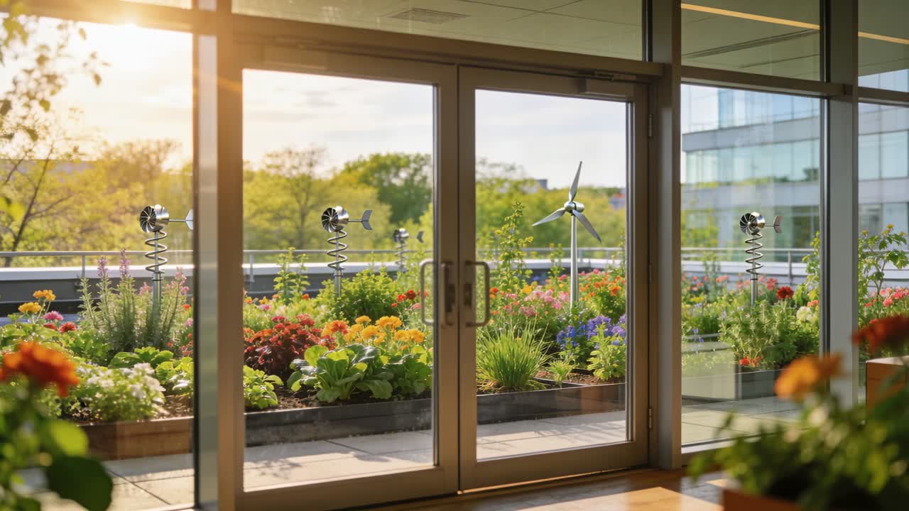 Inquadratura di doppie porte in vetro che mostrano una terrazza pensile con piante, brezza che fa girare sculture e una turbina