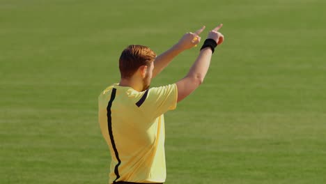 football soccer referee whistles and shows penalty after var video assistant decision, 75fps