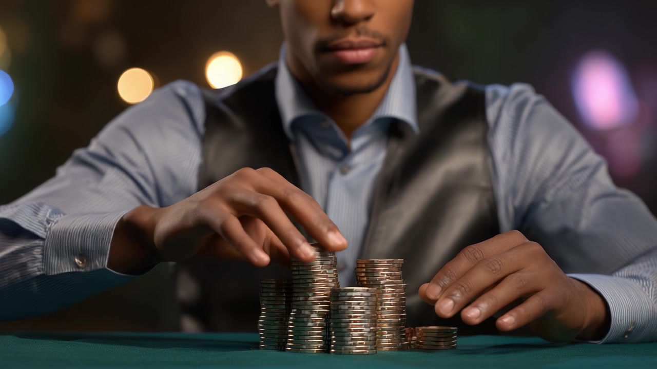 A Focused Gambler Strategically Arranges Stacks of Coins, Demonstrating Precision and Control in a Dimly Lit Room Filled with Evening Ambiance and Potential.