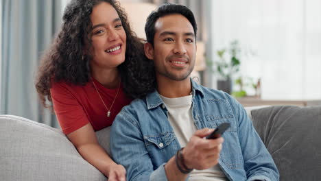 Love,-streaming-and-a-couple-watching-tv-on-a-sofa