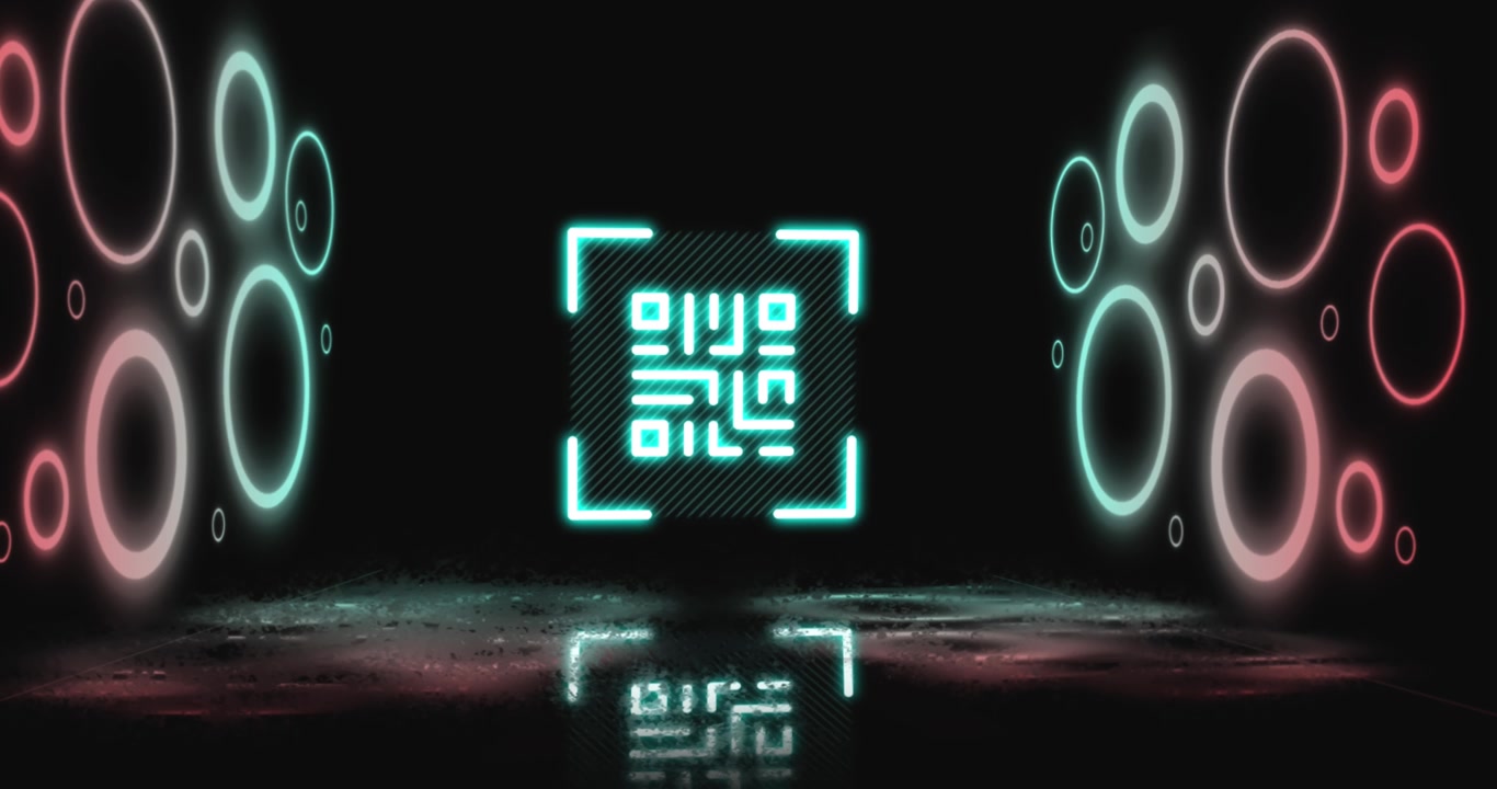 Animazione di codice QR su forme geometriche.