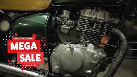 animation of mega sale text in white and red over motorbike engine