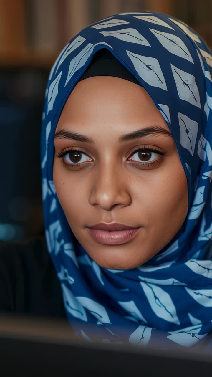 Vertical video: Screen drawing woman in blue patterned hijab focusing on task in study, bookshelves