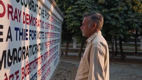 Thoughtful senior citizen contemplating democratic principles inscribed on a wall, engaging deeply in civic reflection and considering the values that shape society and citizenship
