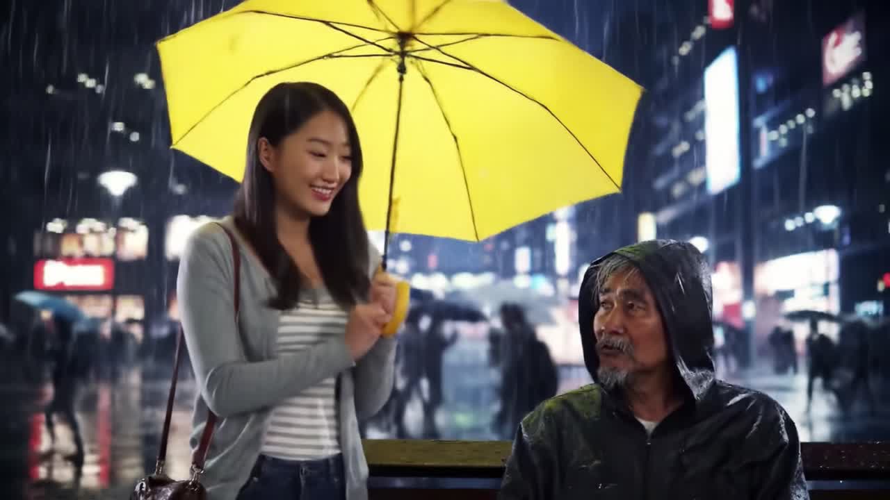 In a busy city at night, a young woman gracefully offers her yellow umbrella to an older man sitting on a bench.
