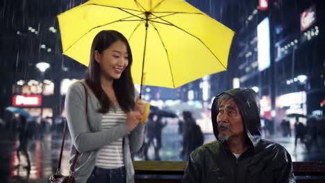 in a busy city at night, a young woman gracefully offers her yellow umbrella to an older man sitting on a bench.