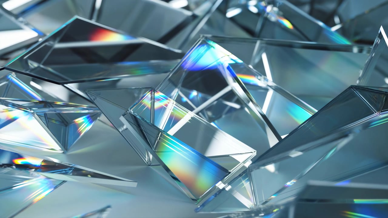 Primo piano di frammenti di prisma di cristallo che disperdono la luce, toni blu freddi, sfaccettature geometriche nette, riflessi lucidi.