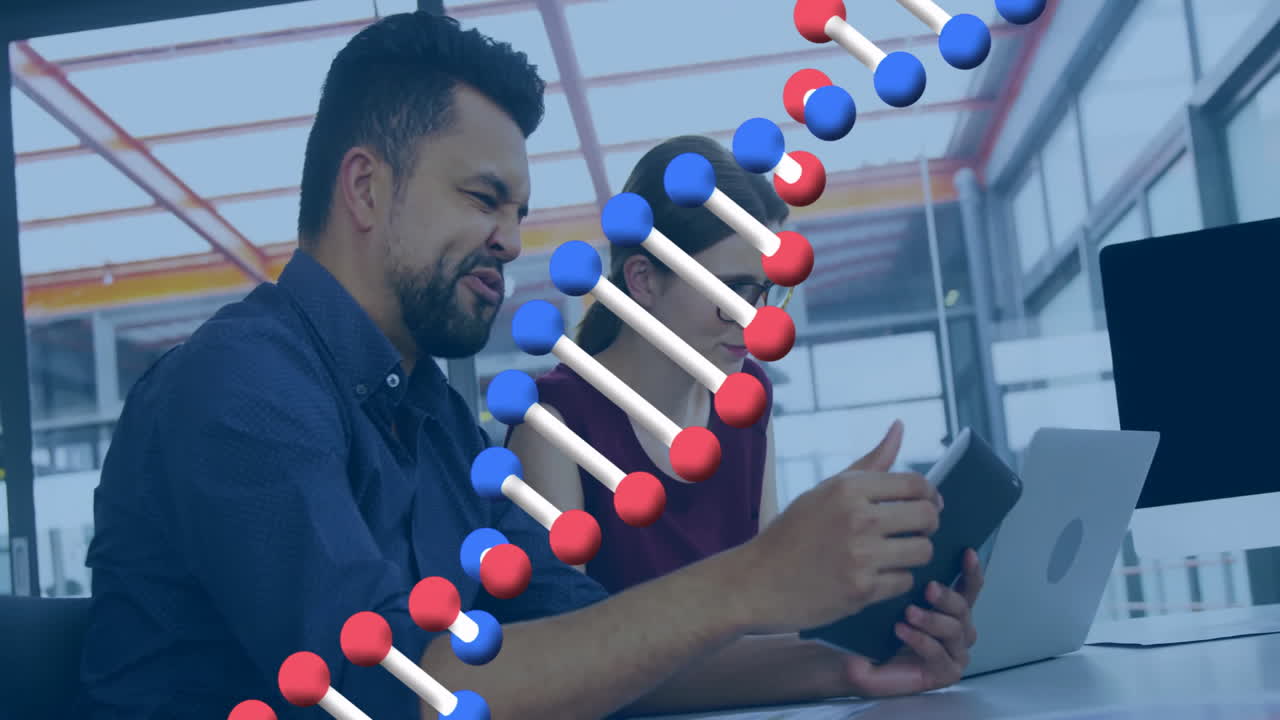 Collaborating in office, diverse professionals with digital devices, DNA strand animation