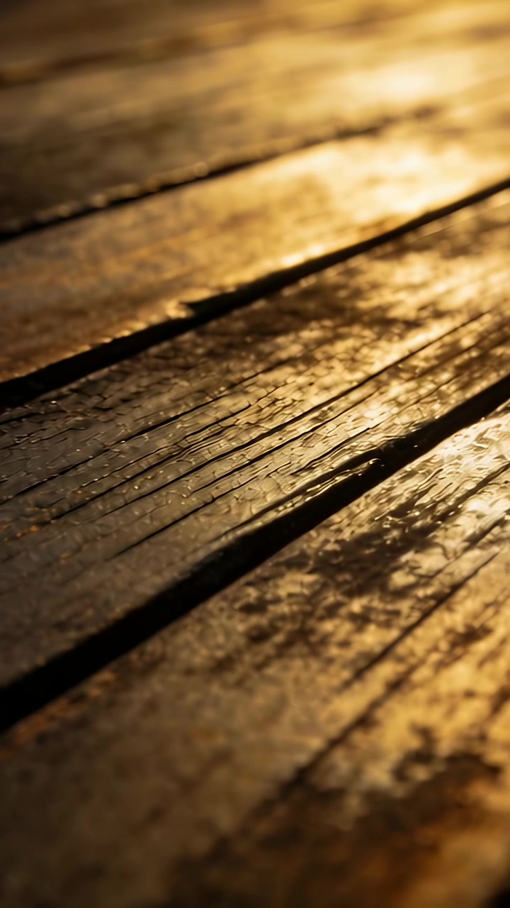 Video verticale: Telecamera che si sposta mostrando assi di legno consumate da un'angolazione bassa, per evidenziare le venature e la luce calda.